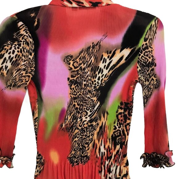 Sioni long-sleeved, ruffled front vibrant, multi-colored leopard blouse top M - Picture 6 of 6
